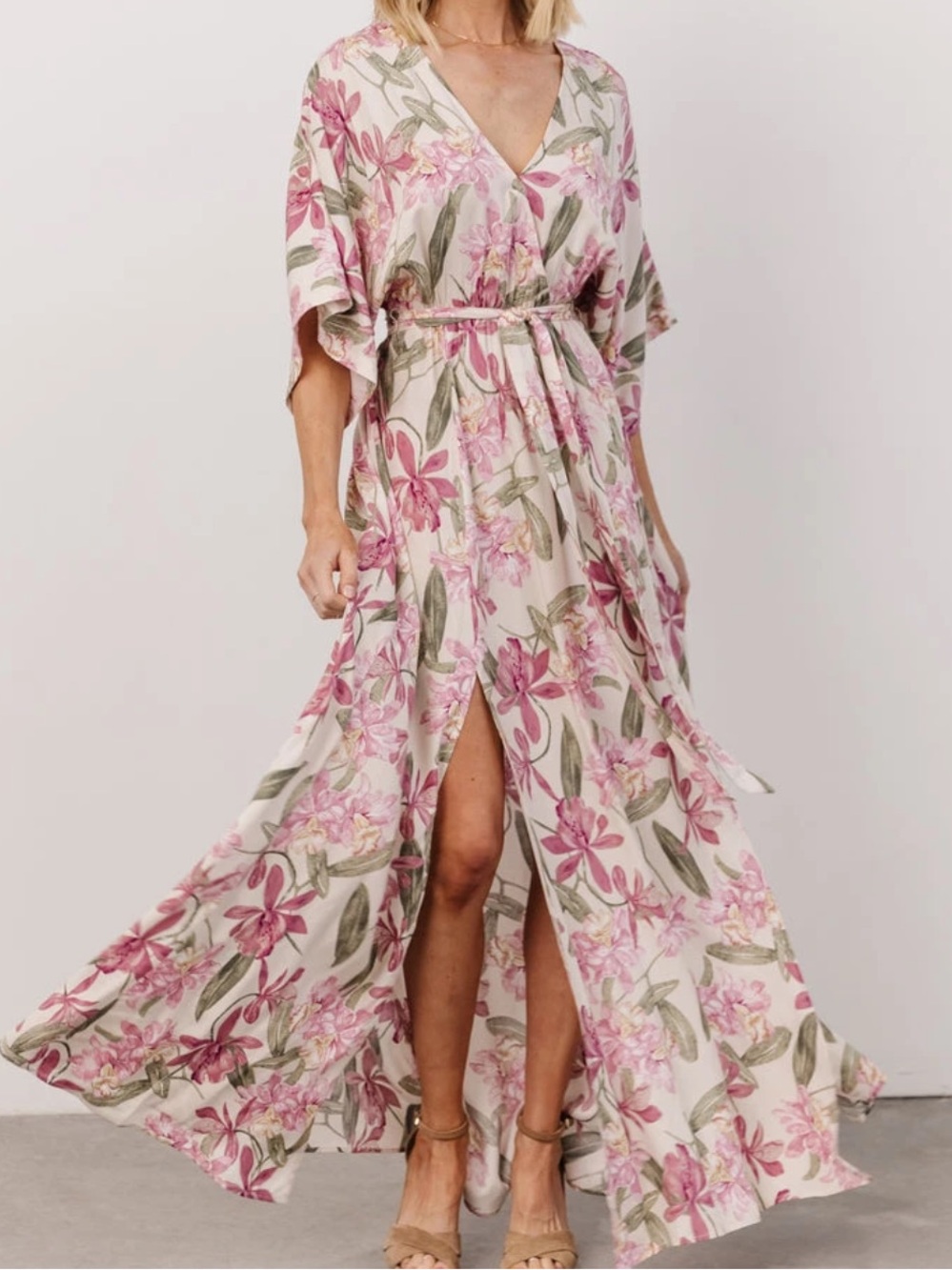 Baltic Born faux wrap flowy Cream Maxi Dress with Pink Floral Print
